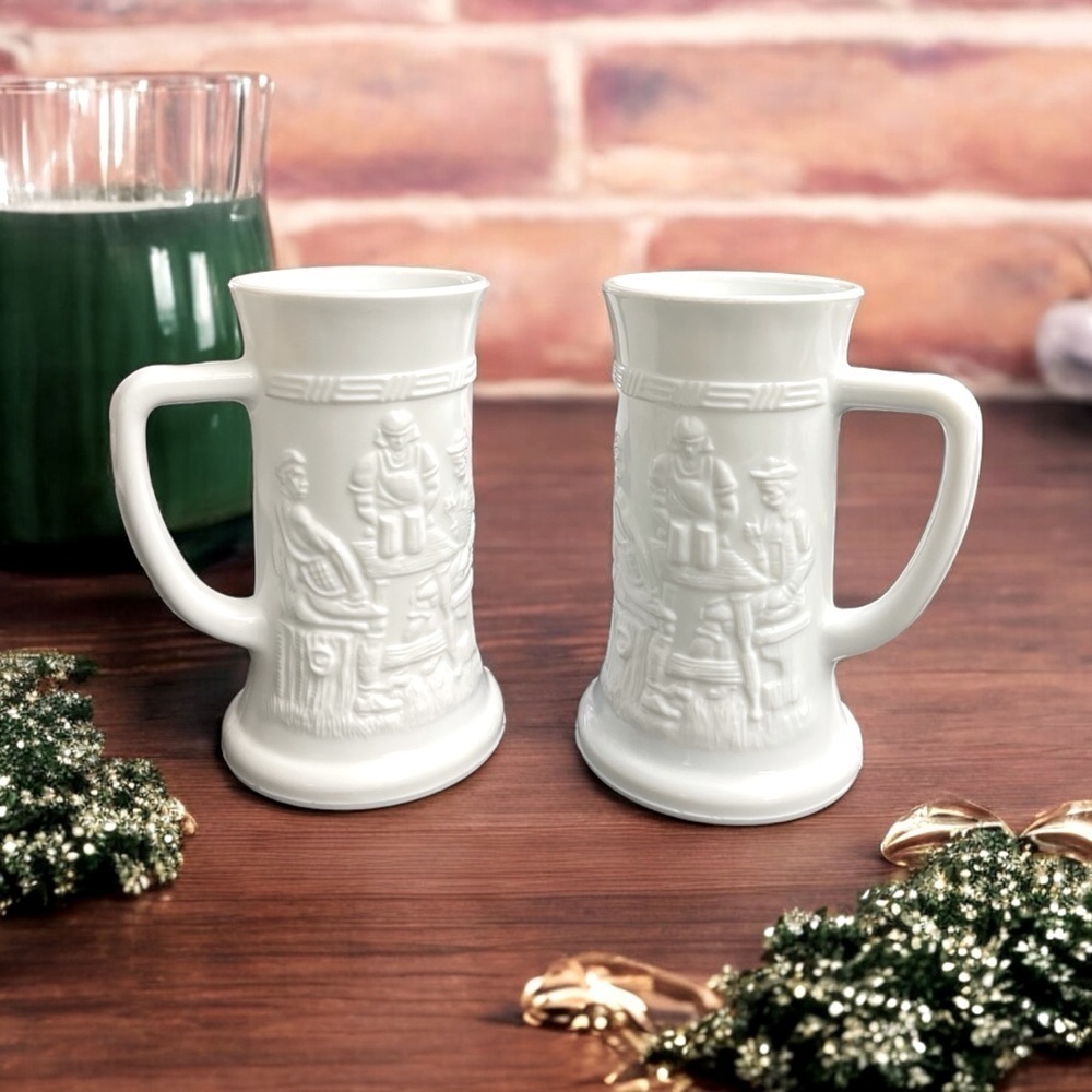 Set of 2 VTG White Milk Glass
6" Stein/Beer Mug -
Embossed Tavern Scene
Barware